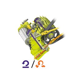 Entraînement hydraulique et mécanique de l'outil frontal.
Entraînement de l'outil frontal à la fois mécanique via le rotor et hydrostatique avec transmission de la puissance maximale à un régime constant.
Pour l'entraînement mécanique direct de la DIRECT DISC et du cueilleur à maïs.
Entraînement hydraulique de l'outil frontal avec ajustement variable du régime du PICK UP et de l'ORBIS en retirant la courroie d'entraînement à droite.
L'ajustement automatique et variable du régime permet un flux de récolte régulier pour une qualité de coupe optimale.
 - JAGUAR 900 HRC